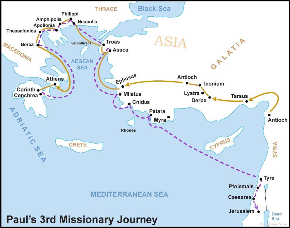 The churches of Philippi, Thessalonica, Corinth, and Ephesus were all started on this trip.