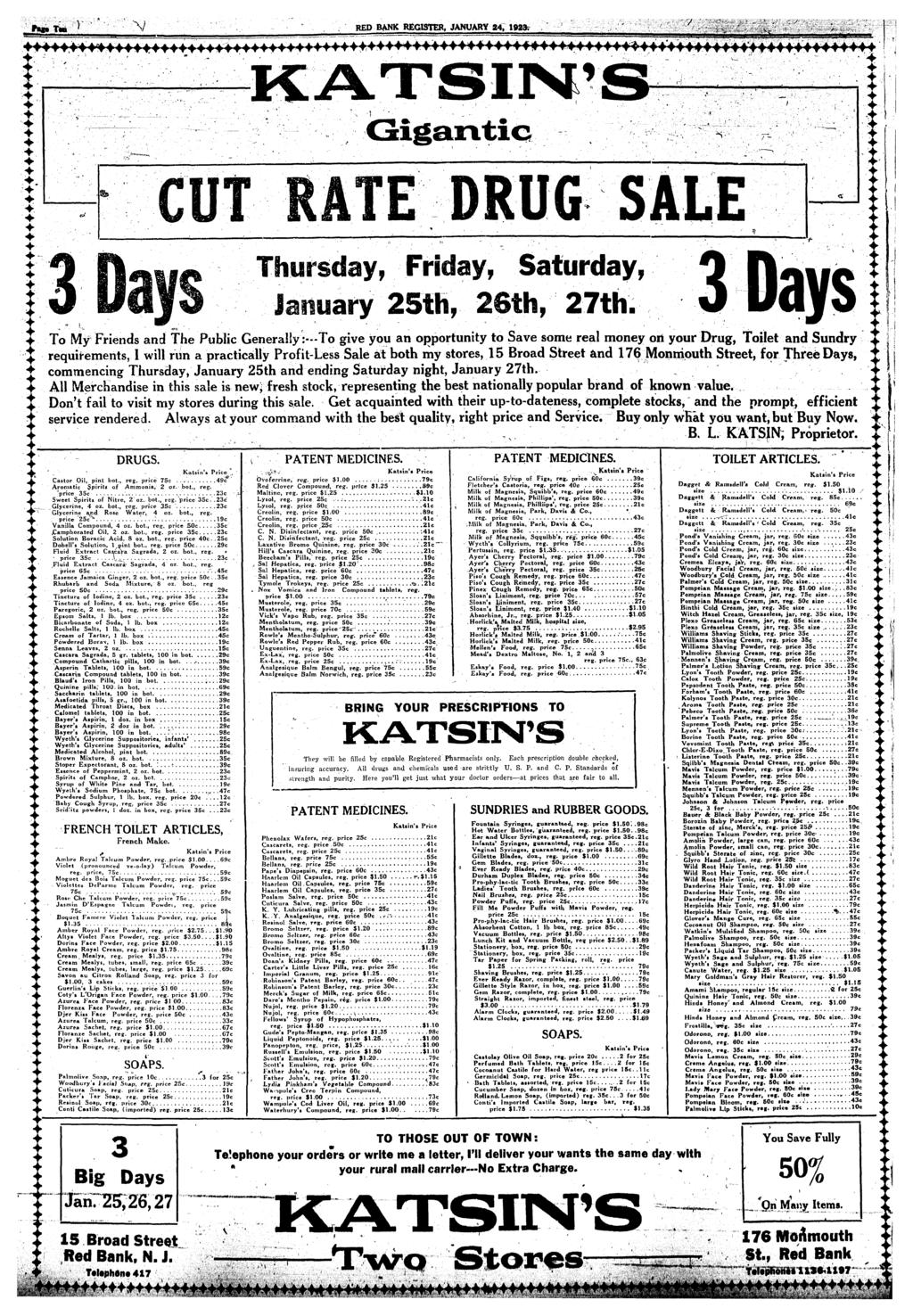 RED BANK REGSTER, JANUARY 24, 1923. Gganc. ;. ; ;.;- w RUG SALE Thursday. Frday, Saurday. January 25h, 26h. 27h.