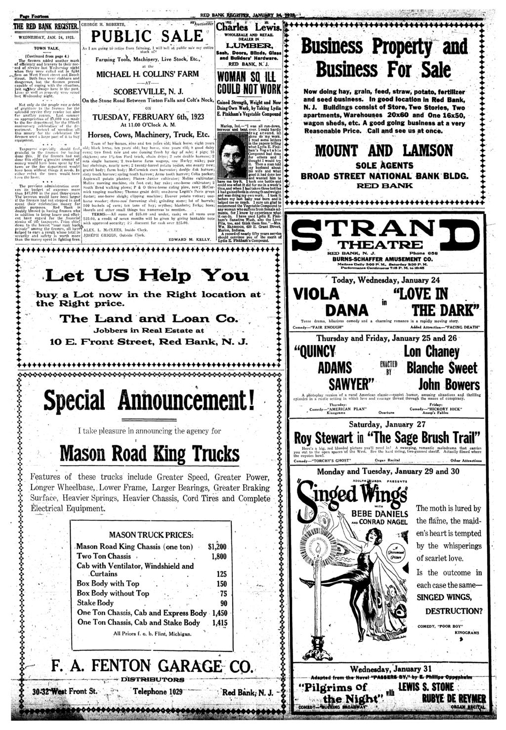 :.. * * *. - v. -. -, 0 N THE RED BANK REGSTER. WEDNESDAY, JAN. 24, 1923, TOWN TALK. (Connued from page 4.