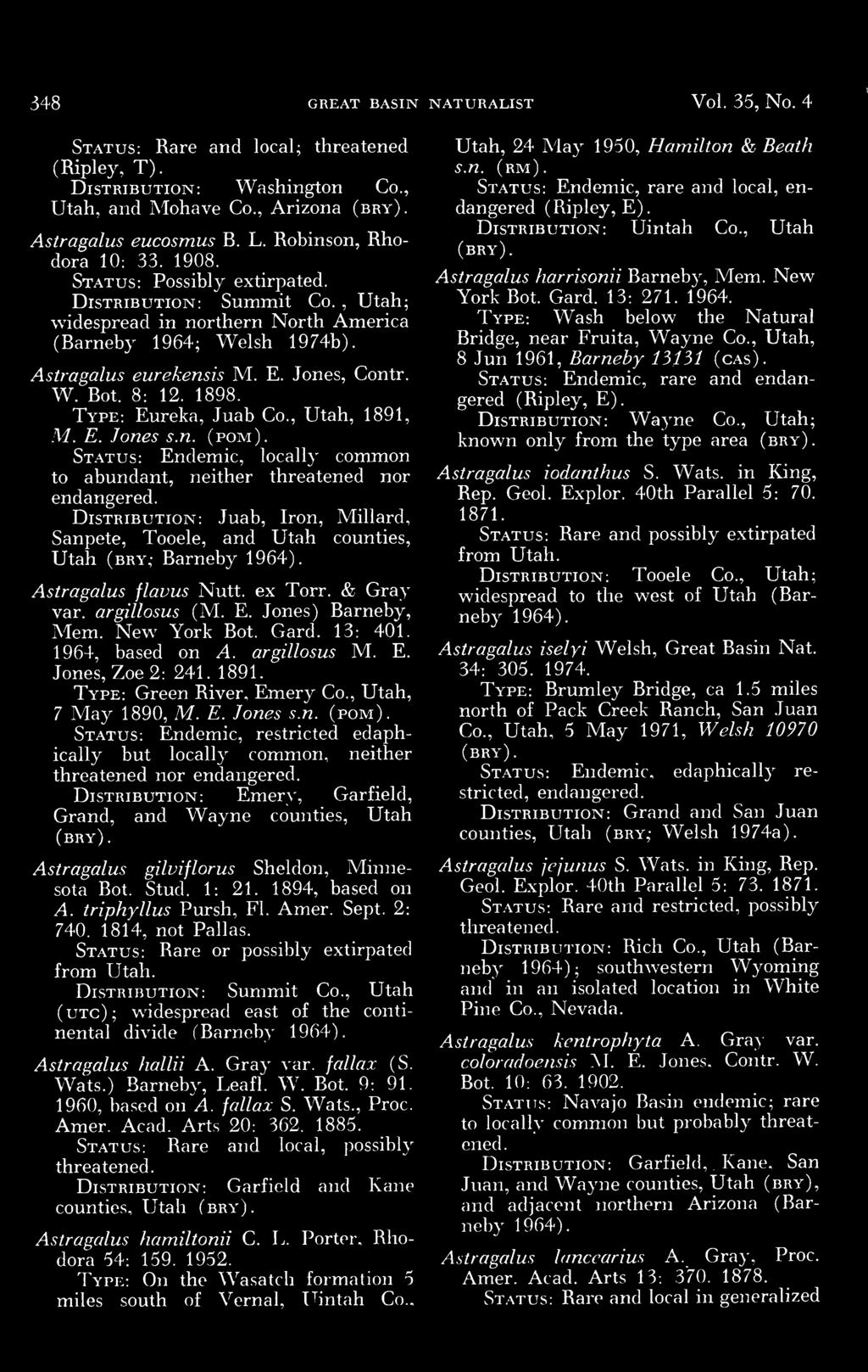 348 GREAT BASIN NATURALIST Vol 35, No 4 Status: Rare and local; threatened (Ripley, T) Distribution: Washington Co, Utah, and Mohave Co, Arizona (bry) Astragalus eucosmus B L Robinson, Rhodora 10: 33