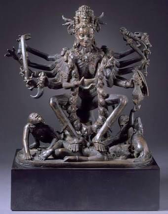 SAPTHA MATHAs - 7/7 - Chaamundi Chaamundi has her foot pressed on the demon (representing the demonic nature / characteristics of human) and displays Varadha and Abhaya Mudras.