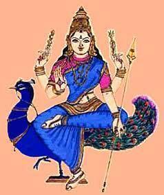 SAPTHA MATHAs - 3/7 - Kaumari Kaumari is the activating force of Lord Muruga (Kumara, Subramanya or Kaarthikeya). Her vaahana is peacock. Bija Mantra is "Hoom".