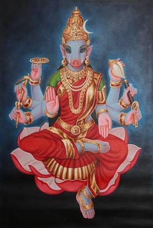 SAPTHA MATHAs - 5/7 - Vaaraahi Vaaraahi is the activating force of Lord Yamaa (The Lord of death). Her vaahana is Buffalo. Bija Mantra is "Loom".