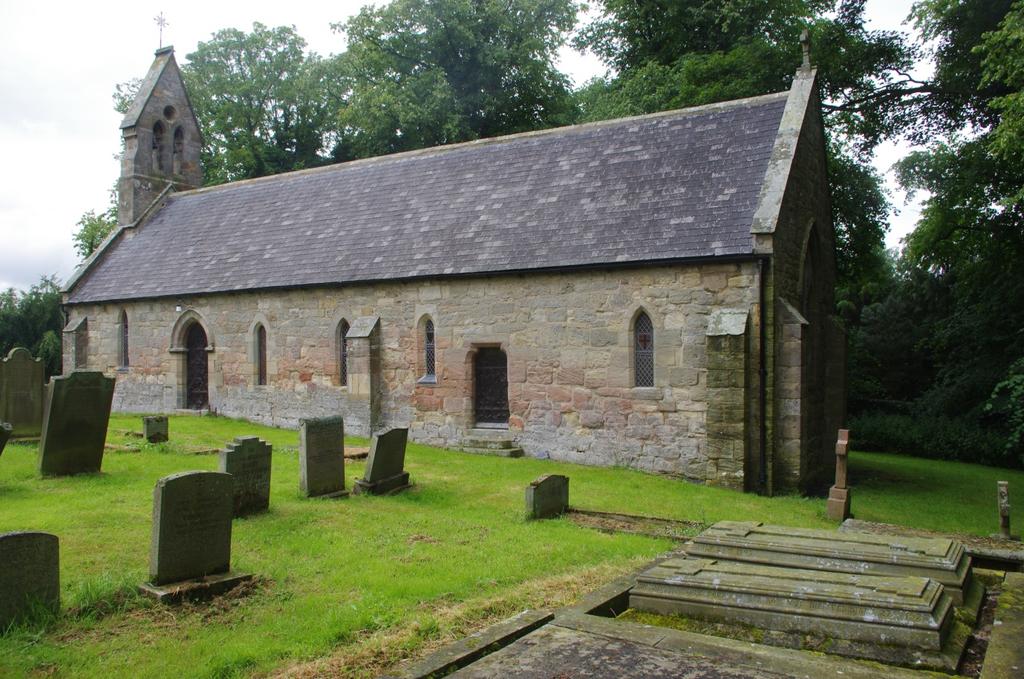 2 The church from the south-east The south doorway has a two-centred arch of one chamfered order, with moulded imposts carrying a hoodmould, chamfered above and below, with shaped stops; parts of the