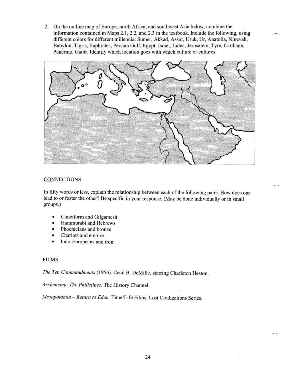 2. On the outline map of Europe, north Africa, and southwest Asia below, combine the information contained in Maps 2.1, 2.2, and 2.3 in the textbook.