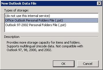 Outlook Data File --< new --< file נבחר האופציה הראשונה: (.