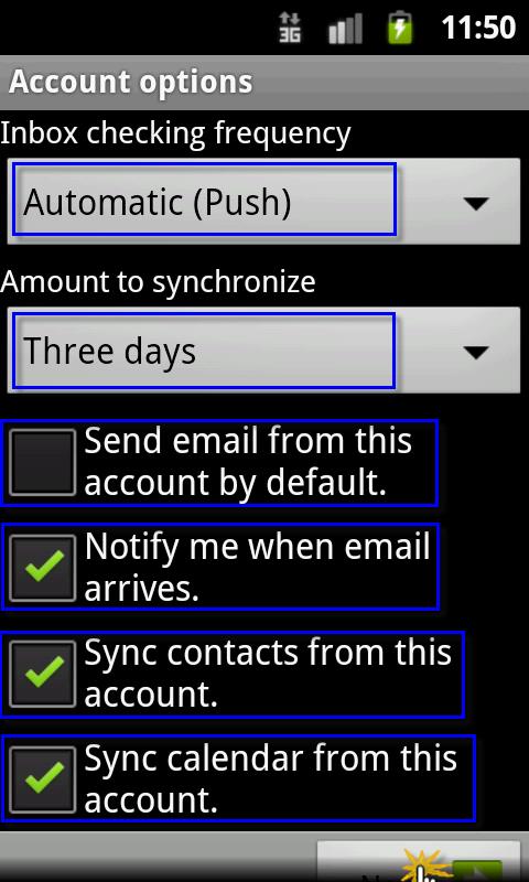 הגדרות אופציונליות (Automatic אפשרויות (Push)/Never/Every 5 -Inbox checking frequency.