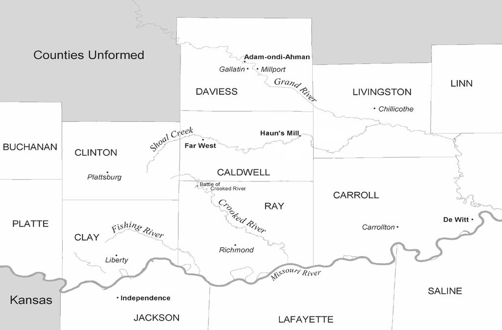 22 Mormon Historical Studies Map of Missouri s northwestern counties in 1838. The Mormon settlement of Haun s Mill was located on Shoal Creek approximately sixteen miles east of Far West.