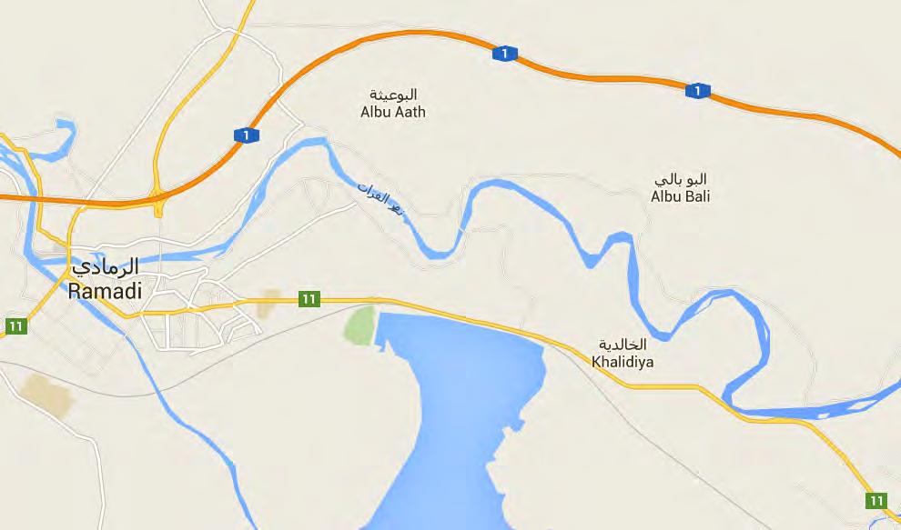 11 2 3 1 Neighborhoods east of Ramadi where fighting took place this week between the Iraqi Army and ISIS: Al-Sajariya (1), Al-Sufiya (2), and Albu Ghanim (3) (Google Maps).
