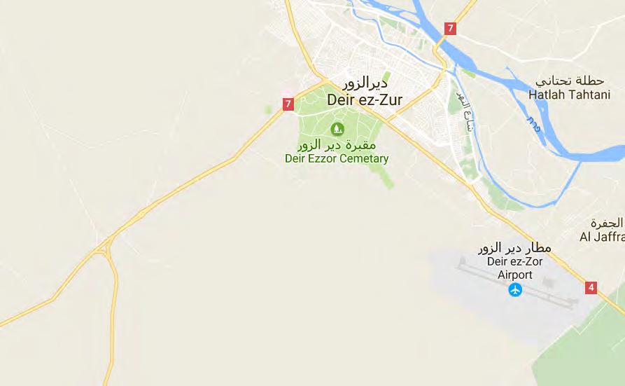 9 1 2 Areas attackedby ISIS south of Deir ez-zor: 1. The Deir ez-zor airfield; 2. The Panorama Roundabout (Google Maps).