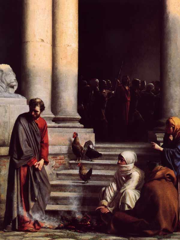 Peter s Denial of Jesus PETER S DENIAL OF JESUS (Matthew 26:69-75; Mark 14:66-72; Luke 22:54-65; John 18:15-18 and 18:25-27) Now Peter was sitting outside in the courtyard.