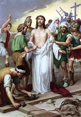 Station X- Jesus Is Stripped of His Garments Part of the indignity is to be crucified naked. Jesus is completely stripped of any pride The wounds on his back are torn open again.