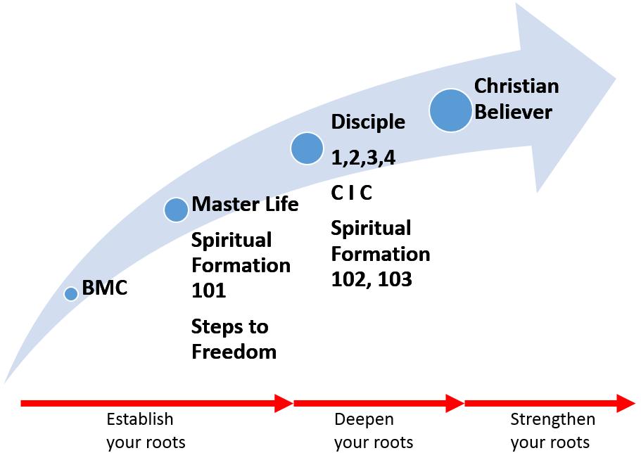 AMKMC Discipleship Blueprint ESTABLISH your roots BMC (Baptism and Membership Course) Master Life Steps to Freedom SF101 Practising the Presence of God DEEPEN your roots Disciple 1 Disciple 2