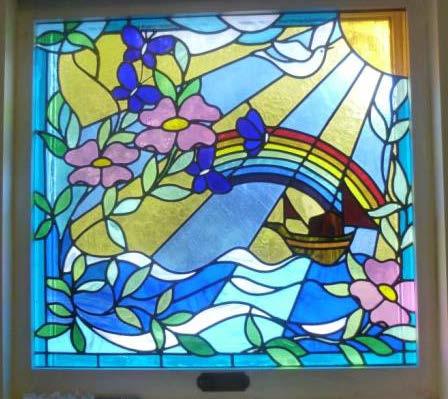 Decorations including stained glass windows can be found in