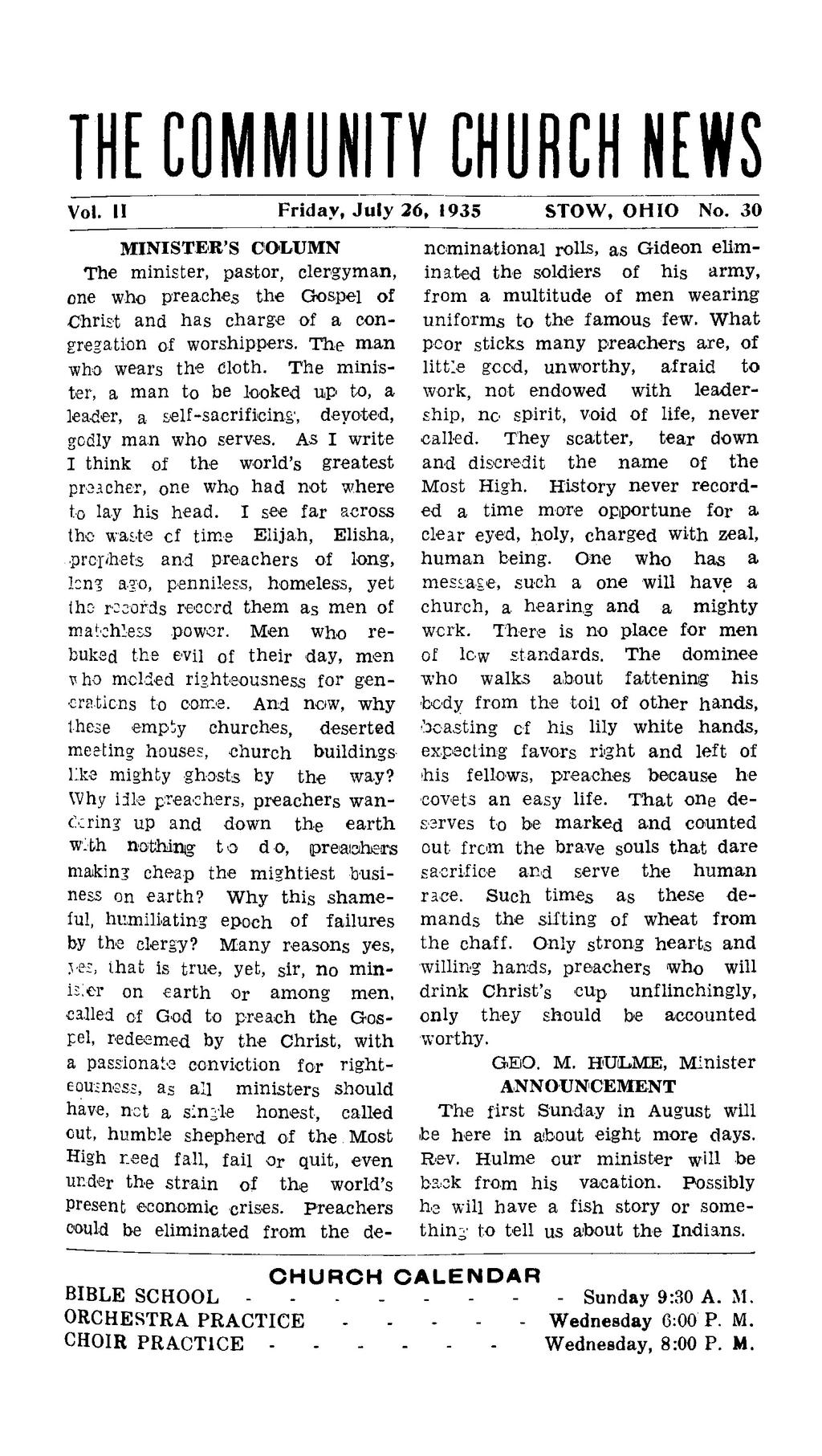 THE COMMUNITY CHURCH NEWS Vol. II Friday, July 26, 1935 STOW, OHIO No.