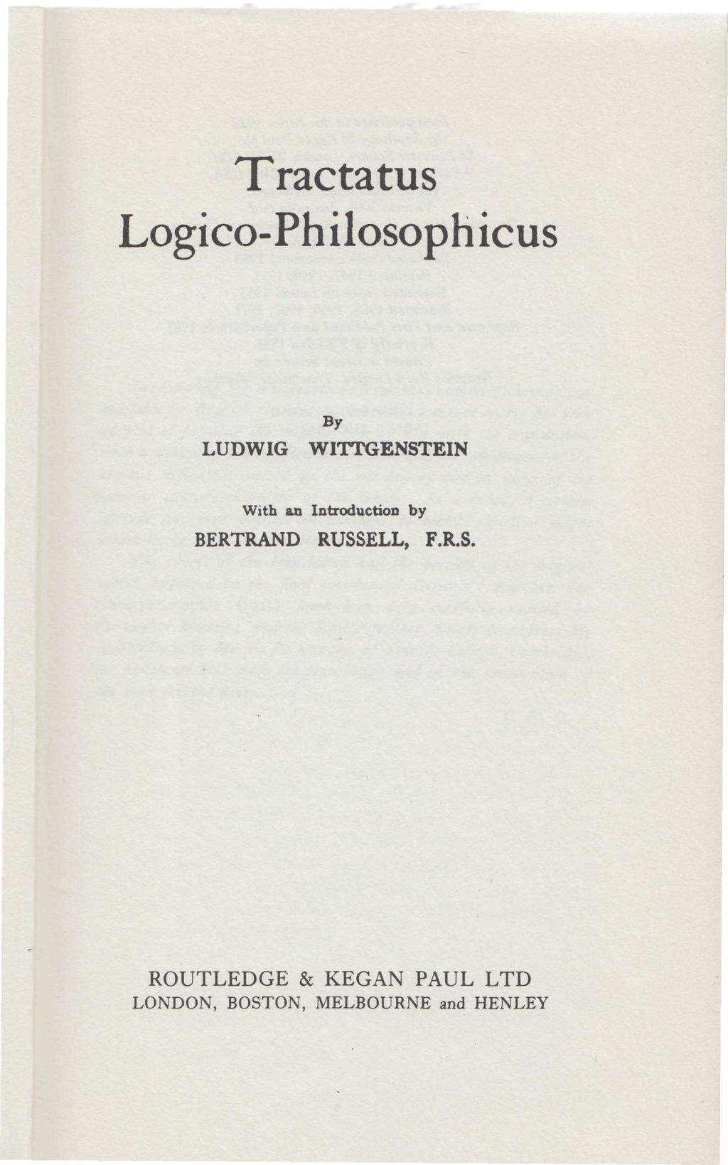 Tractatus Logico-Philosophicus LUDWIG By WITTGENSTEIN With an Introduction by