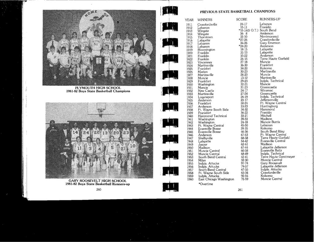 PREVIOUS STATE BASKETBALL CHAMPIONS PLYMOUTH HIGH SCHOOL 1981-82 Boys State Basketball Champions GARY ROOSEVELT HIGH SCHOOL 1981-82 Boys State Basketball Runners-up 260,i. : I,:. I"" i :. j I.