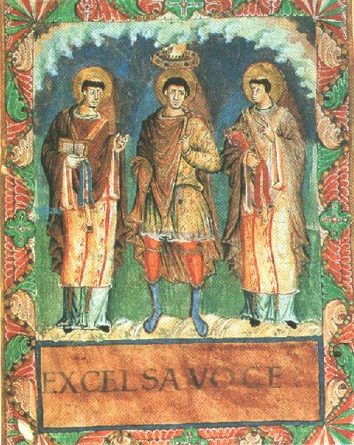 Charlemagne flanked b y Popes Gelasius and Gregory the Great