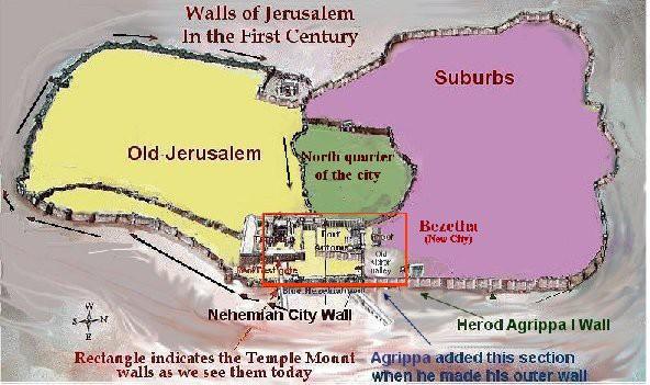 City walls during the first century Yellow area would have been the city walls in the time of Nehemiah. Herod rebuilt this wall and also built a wall around the North quarter of the city (in green).