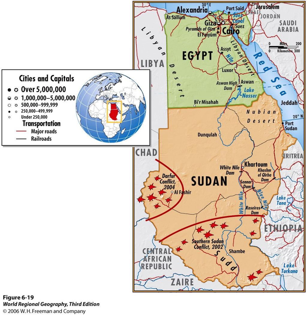 Northeast Africa (The Nile) Nile River, Lake Nasser Aswan High Dam (1970) Sudan desert north, Muslim (Khartoum) steppe middle, (SW) Darfur, Arab-speaking Muslim swampy south, Christian & indigenous