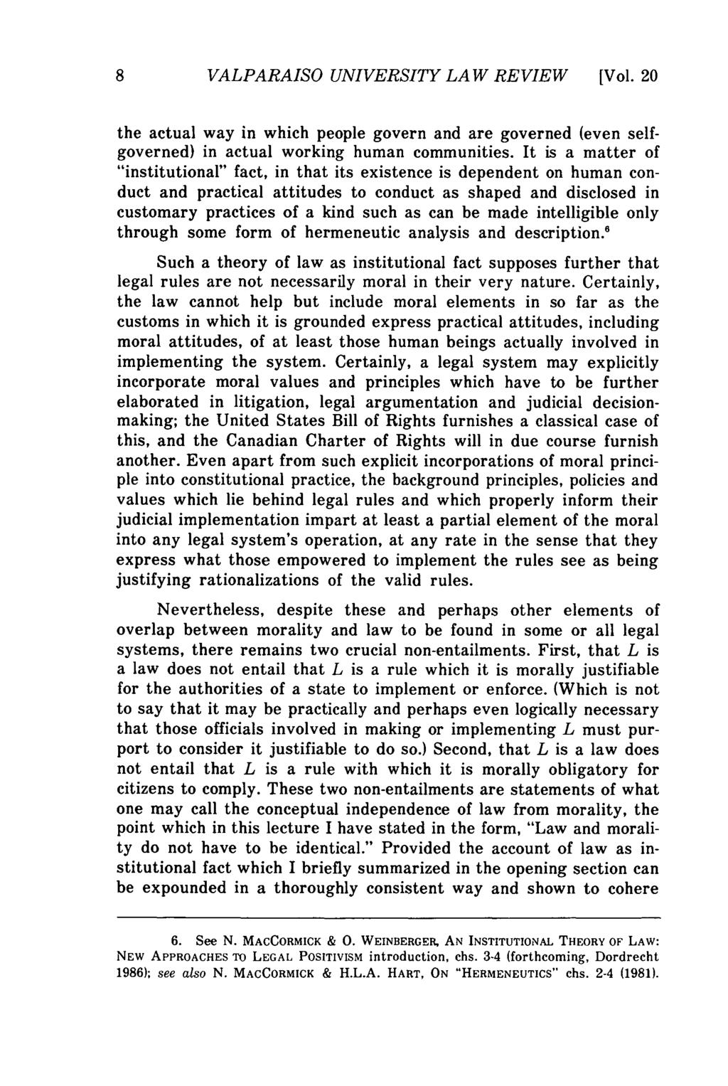 Valparaiso University Law Review, Vol. 20, No. 1 [1985], Art. 1 8 VALPARAISO UNIVERSITY LAW REVIEW [Vol.
