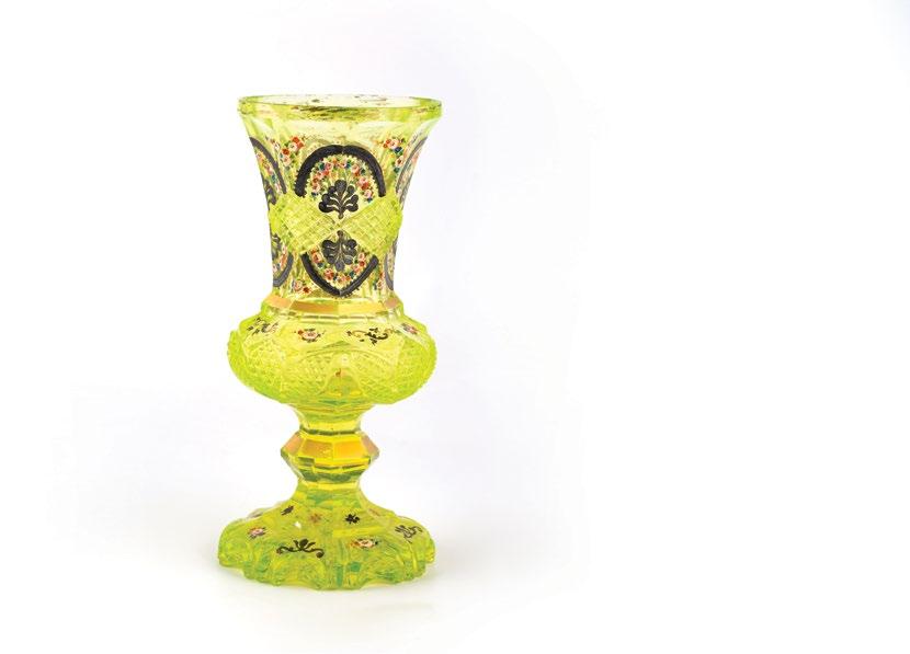 199. Yellow Bohemiam Cut Glass Vase مزهرية زجاجية بوهيمية باللون األصفر decorated with hand painted silver arches, floral enameling and silver and gold gilt