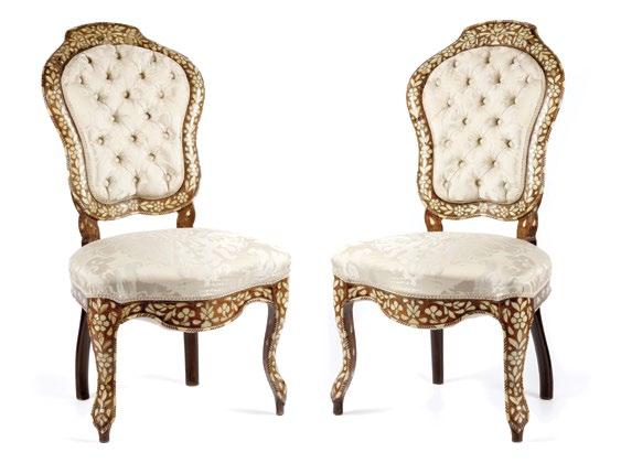 226. A Pair of Syrian Ottoman Chairs كرسيان سوريان من الطراز العثماني with a chevron pattern along the edges and floral and moon-shaped bone inlay in metal setting.