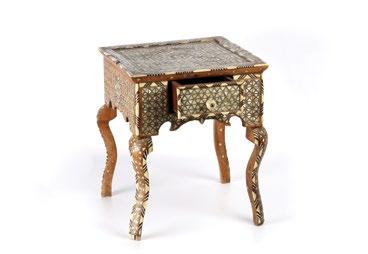Small Syrian Side Table طاولة سورية جانبية صغيرة with chevron pattern bone inlay along the edges and geometric patern of inlaid mother-of-pearl and bone in metal setting.