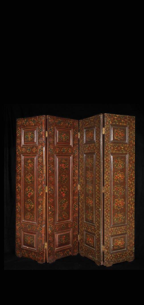 231. A Qajar Paravan (screen) برافان قاجار with four folding painted leaves decorated with bird and floral motifs. Iran, late 19th century - early 20th century Height 187 cm Width 47.