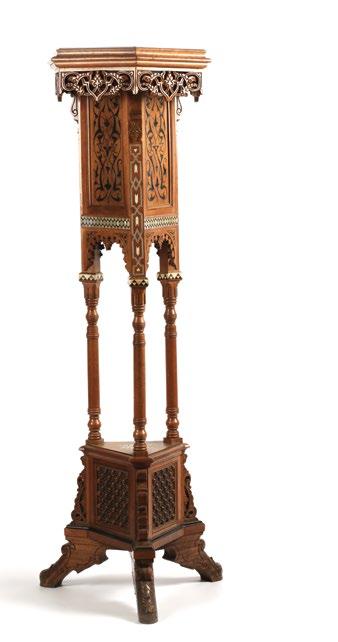 Egyptian Wood Hexagonal Jardiniere Stand حامل زهور مصري خشبي سداسي الشكل with openwork around the top, mother-of-pearl and bone decorative inlay, and mashrabiya style panels above the carved feet.