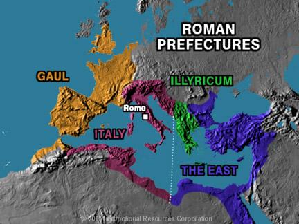 Map of the Roman Empire in the Late 200s This map illustrates how the Roman Empire was organized into sections during the 200s.