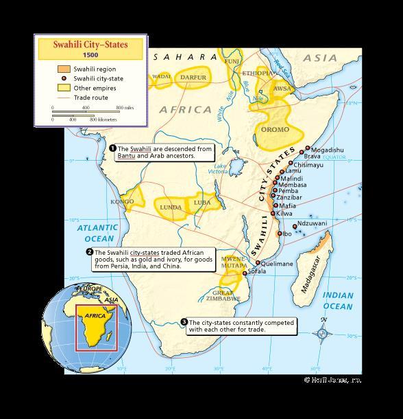 SWAHILI CITY-STATES A large scale ocean trading network developed on the Indian Ocean Chinese, Indian and Arab merchants all began trading on the East African coast Swahili