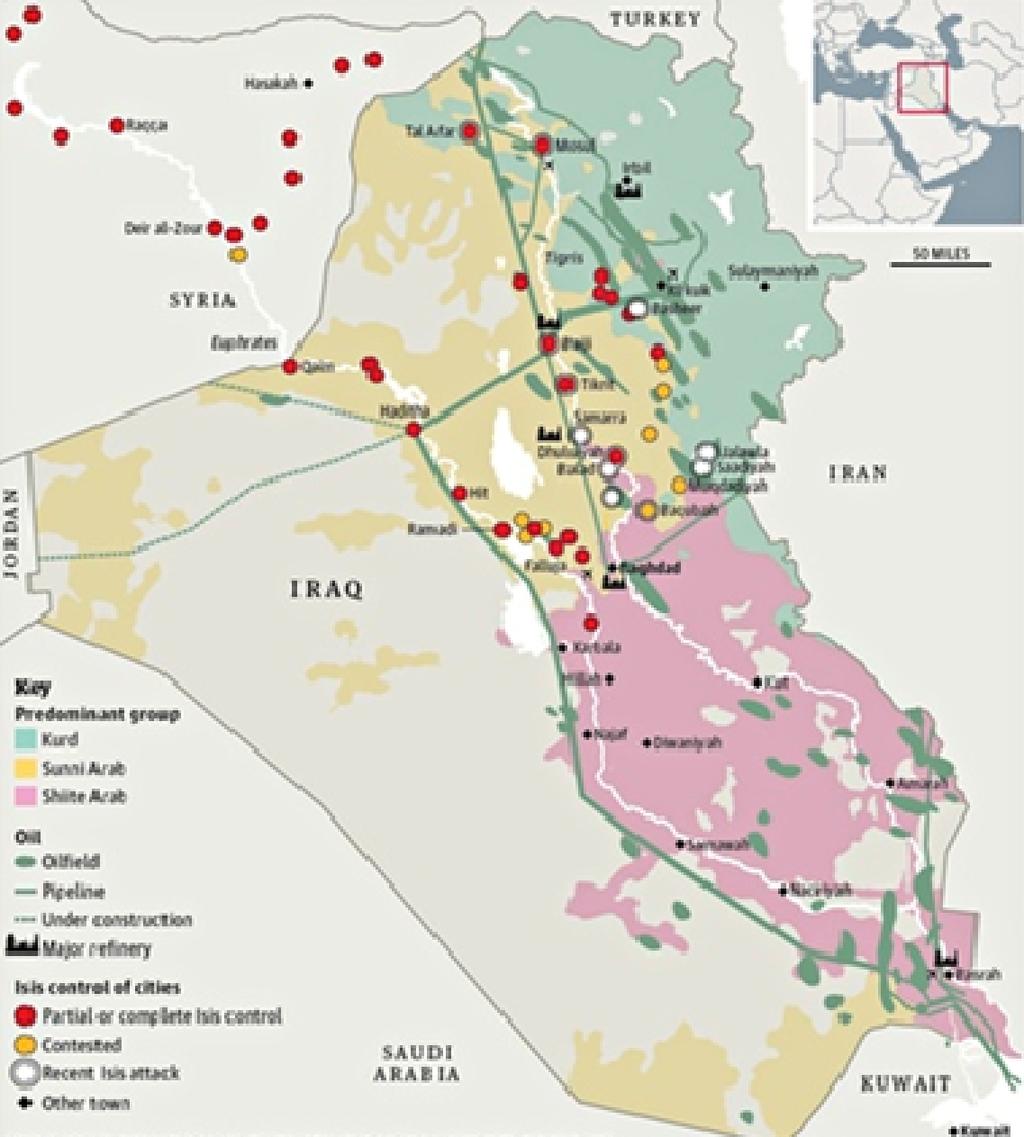 Iraq: Falling into the abyss of civil war Figure 5: Areas controlled by ISIL and oil fields and related installations Sources: Reuters, World Energy Atlas, International Energy Agency, Graphic News,