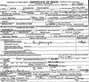 She died on October 14, 1949, in McMinnville, Tennessee, at the age of 87, and is buried at Bethlehem Methodist Church Cemetery in McMinnville, Warren County, Tennessee.