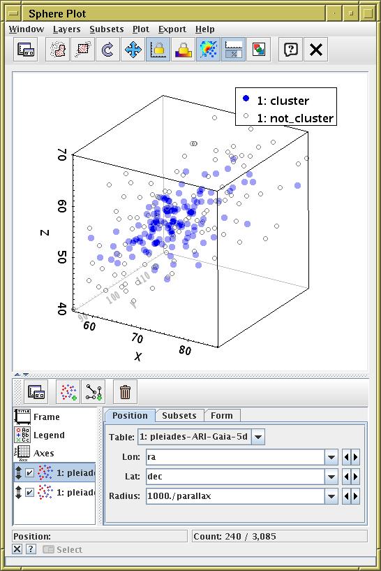 A.6: 3d cluster positions Graphics Sphere Plot menu item or toolbar button Subsets tab: select cluster subset only Lon: ra Lat: dec Radius: 1000.