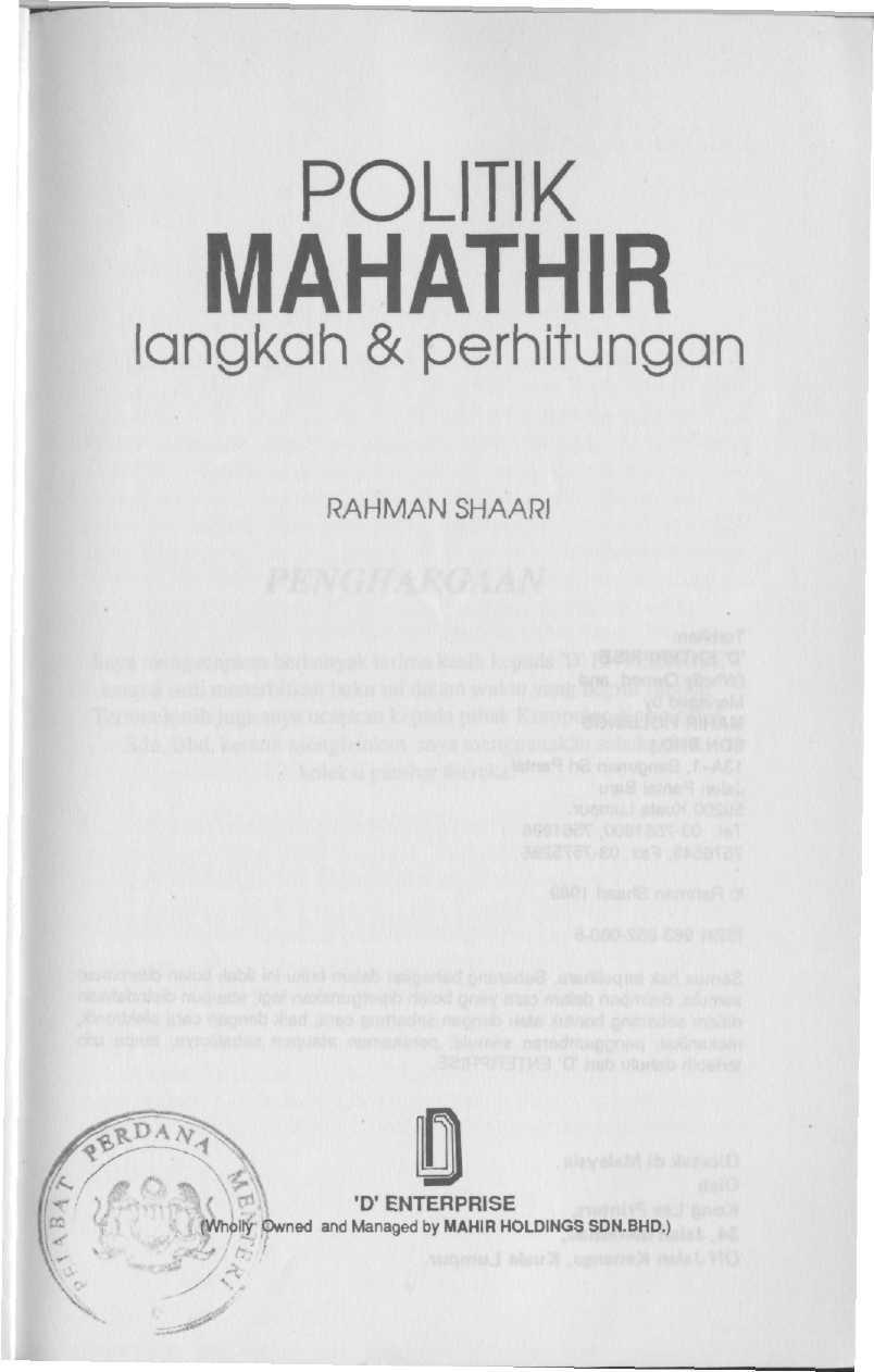 POLITIK MAHATHIR langkah & perhitungan RAHMAN SHAARl