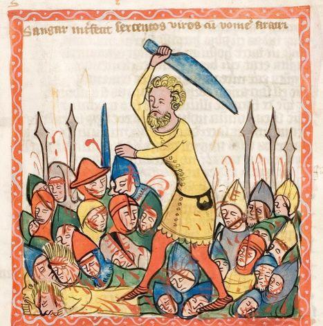 Shamgar kills 600 men with an oxgoad, Speculum Humanae SalvaKonis (illuminated