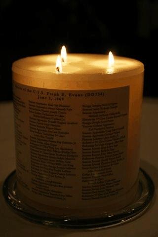 Before every evening meal we light the candle of remembrance. Three shipmates representing each decade of service, 1940s, 1950s, and 1960s, lights one portion of the candle.