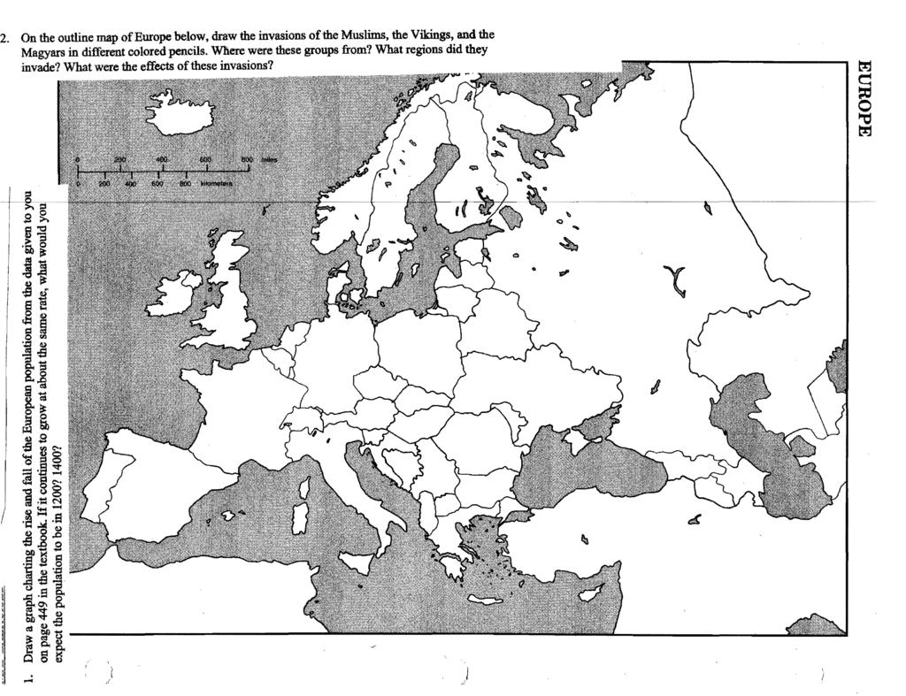 . On the outline map ofeurope below, draw the invasions ofthe Muslims, the Vikings, and the Magyars in different colored pencils. Where were these groups from? What regions did they invade?