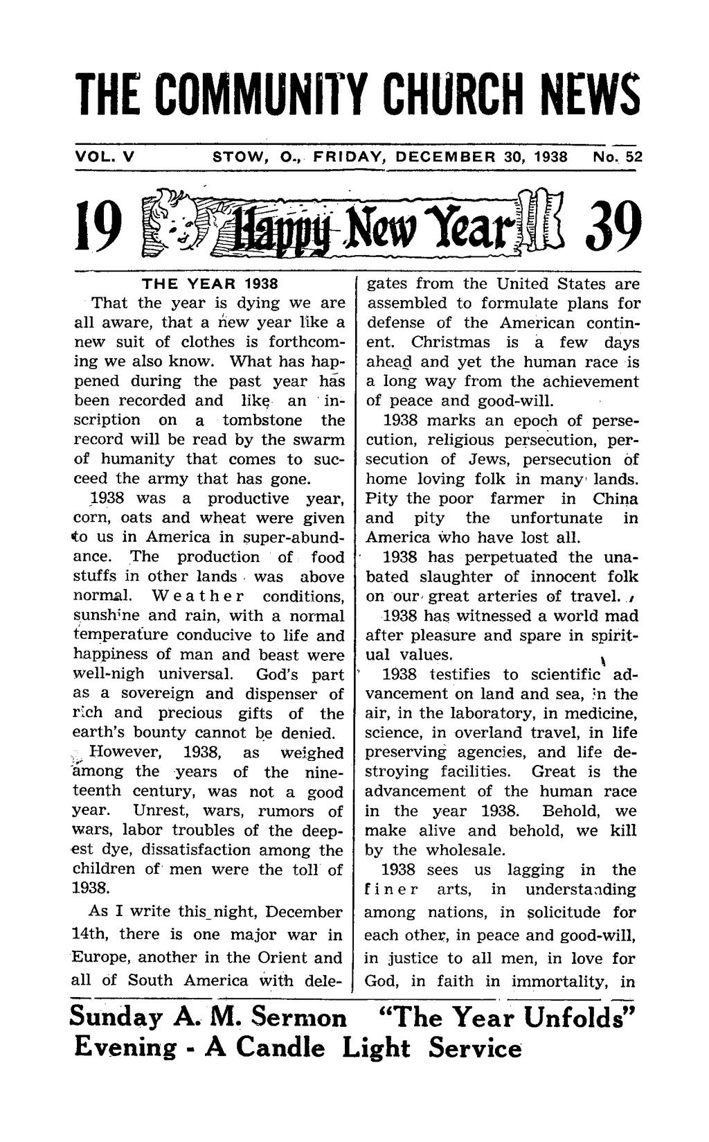 THE COMMUNITY CHURCH NEWS VOL. V STOW, O., FRIDAY, DECEMBER 30, 1938 No.