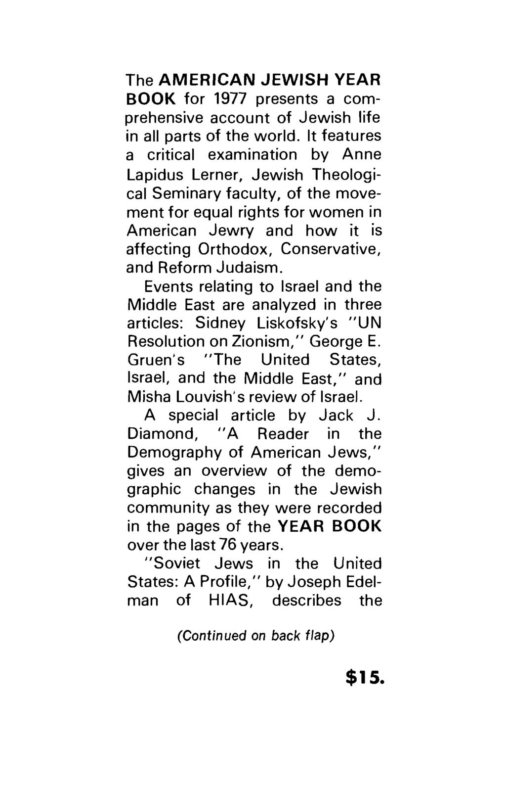 The AMERICAN JEWISH YEAR BOOK for 1977 presents a comprehensive account of Jewish life in all parts of the world.