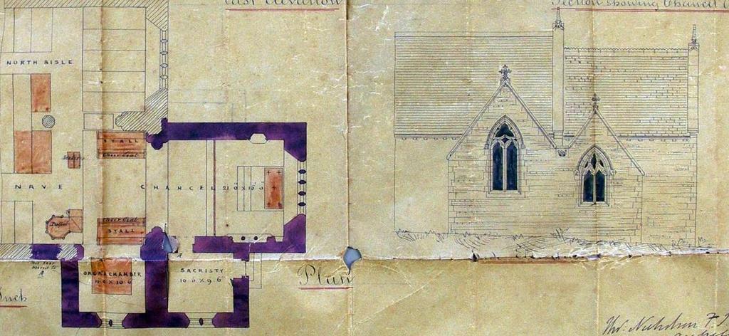 10. THE ORGAN CHAMBER A plan was drawn up by Thomas Nicholson in 1876 to extend the chancel further to the east, shown in purple on the plan.