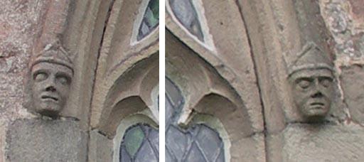 The bishops heads are carved as one with the lower part of the hood moulding (see below).