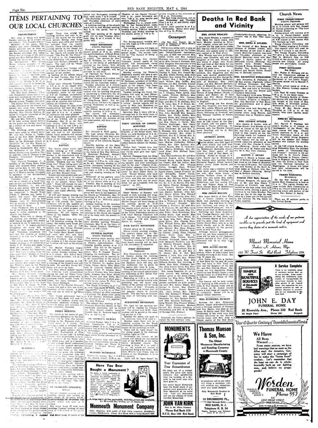 Page Six. RED BANK REGSTER, MAY 4, 1944 TEMS PERTANNQ TO OUR LOCAL CHURCHES RESBYTKBAX Rev. Jon A. Hayes will speak Sunday mnrnir,,; at 11 oclock on tile subject, Te Peoples Coice 1." people.
