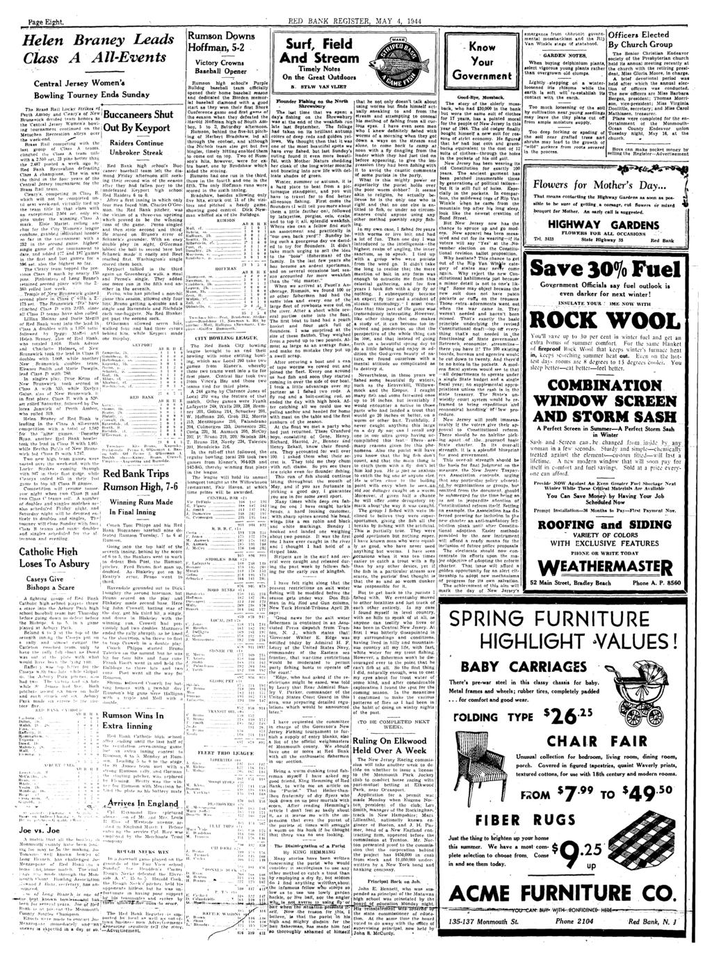 Page Eigt. RED BANK REGSTER, MAY 4, 1944 Helen Braney Leads Class A All-Events Central Jersey Women* Bowling Tourney End«Sunday Te Brass Rail l.