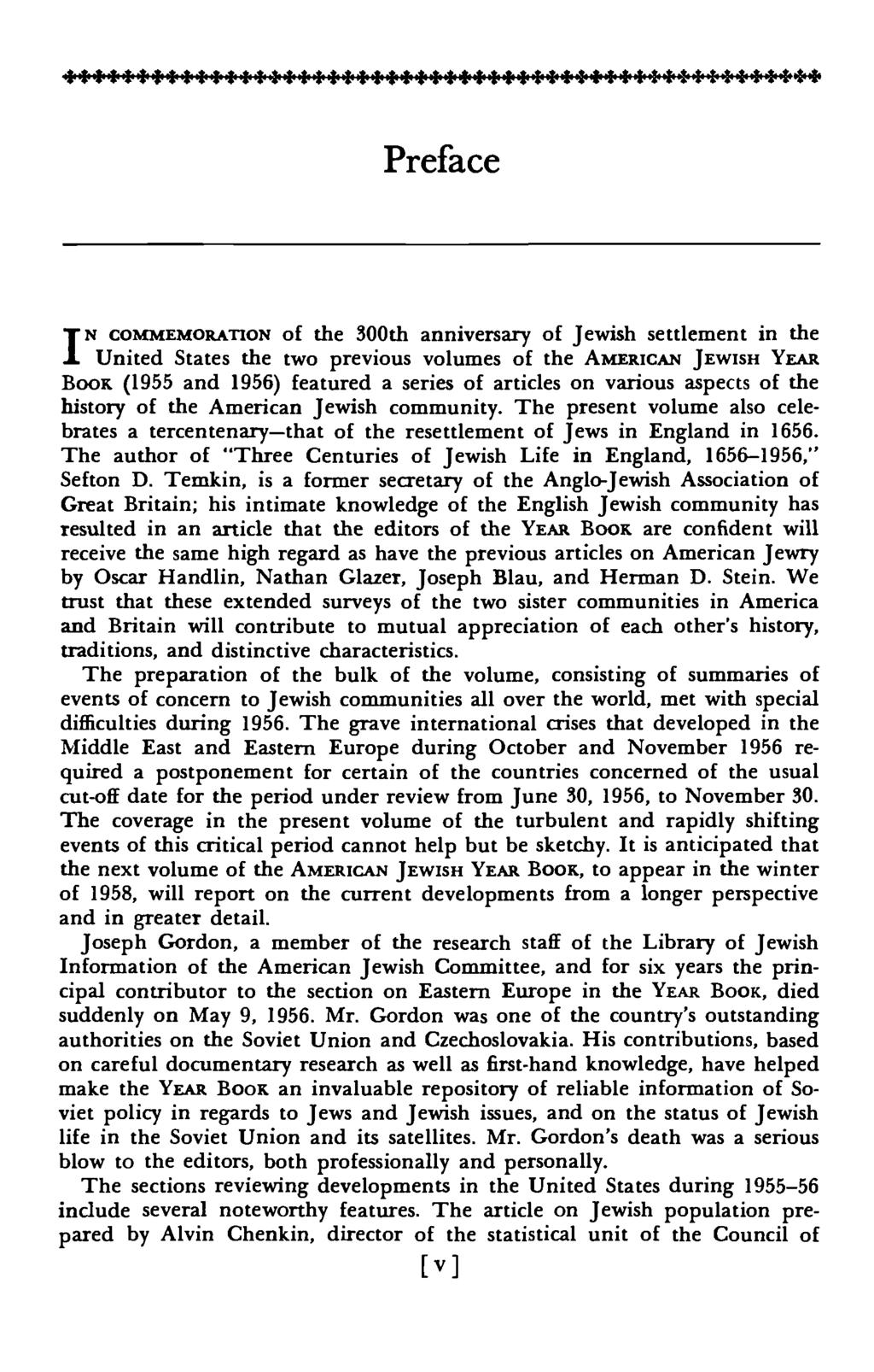 Preface I N COMMEMORATION of the 300th anniversary of Jewish settlement in the United States the two previous volumes of the AMERICAN JEWISH YEAR BOOK (1955 and 1956) featured a series of articles on