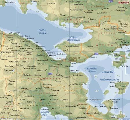 Only a narrow isthmus, four to six miles wide connects the Peloponnesus to the remainder of Greece.