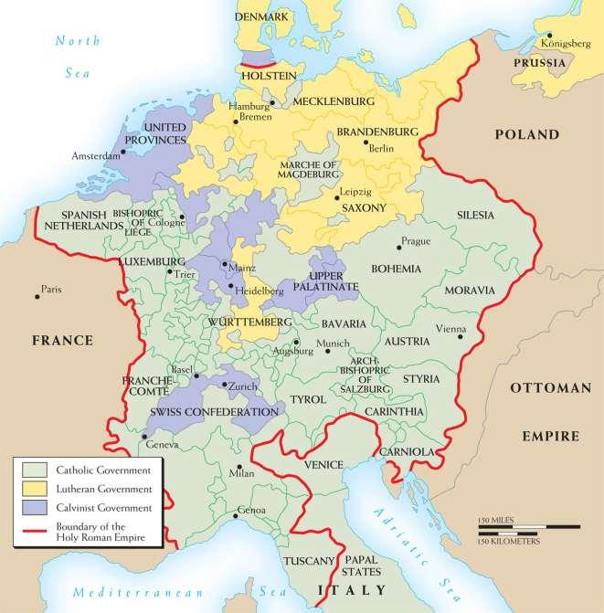 Map 12 4 THE HOLY ROMAN EMPIRE ABOUT 1618 On the eve of the Thirty Years War, the Holy Roman Empire was politically and religiously fragmented, as revealed by this somewhat