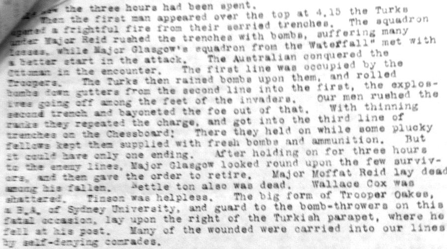 Below is extract from above letter: ------- After the charge in 1915, and which came to light again recently in Turkey 'After holding out for three hours to the enemy lines, Major Glasgow looked