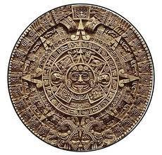 The Mayan Calendar, pictured above, uses three different dating systems in parallel: Long Count (Curved parallel bars on the far right) is the calendar that ends in 2012; the Tzolkin is a divine